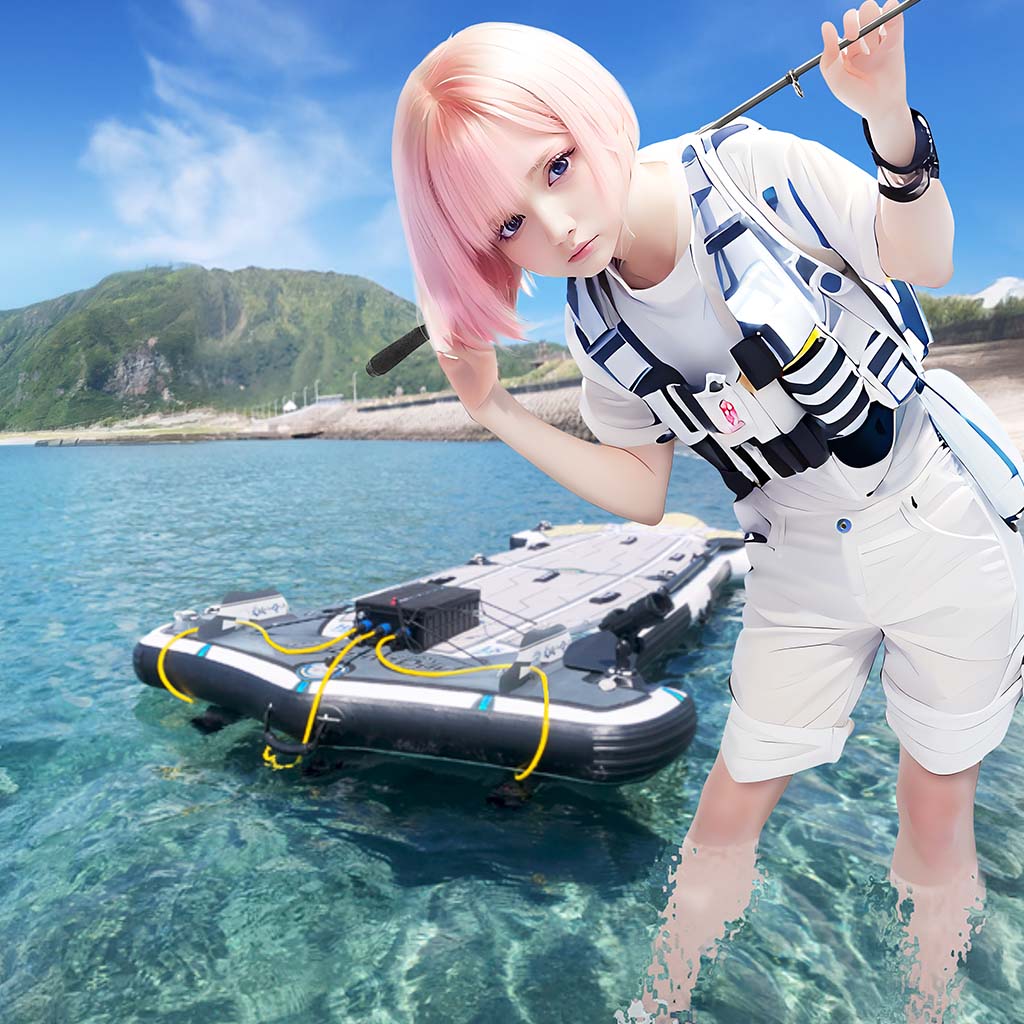 電動水上ジェットボード：ピンク髪の釣り人